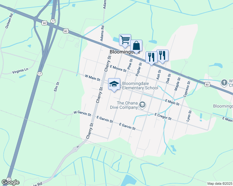 map of restaurants, bars, coffee shops, grocery stores, and more near 101 East Main Street in Bloomingdale