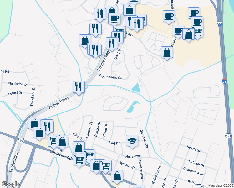 map of restaurants, bars, coffee shops, grocery stores, and more near 220 Durham Park Way in Pooler
