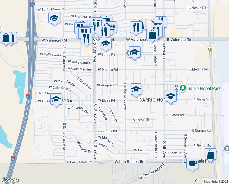 map of restaurants, bars, coffee shops, grocery stores, and more near 364 West Elvira Road in Tucson
