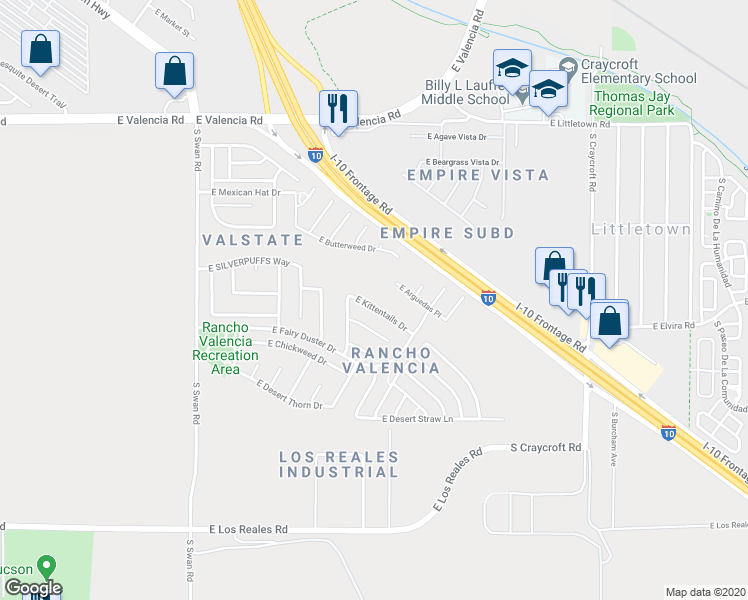 map of restaurants, bars, coffee shops, grocery stores, and more near 5063 East Kittentails Drive in Tucson