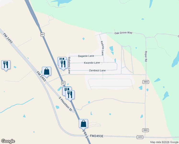 map of restaurants, bars, coffee shops, grocery stores, and more near 302 Zambezi Lane in Bullard