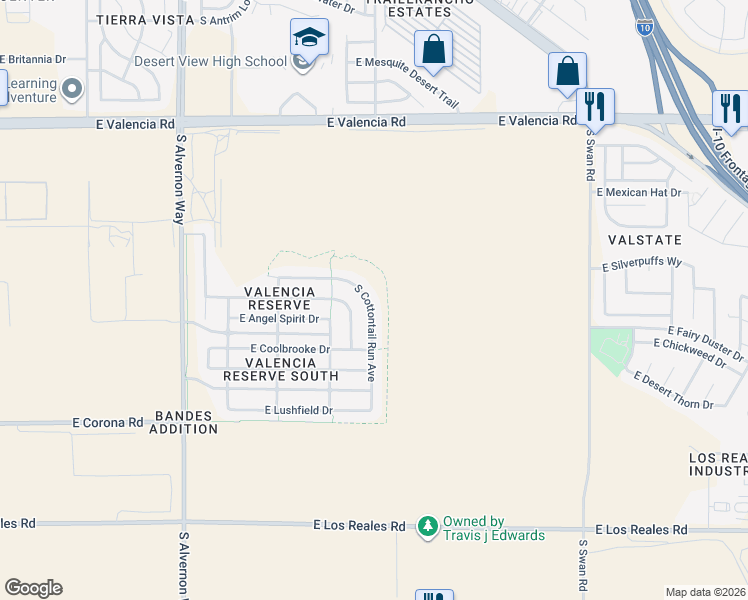 map of restaurants, bars, coffee shops, grocery stores, and more near 6863 South Cottontail Run Avenue in Tucson