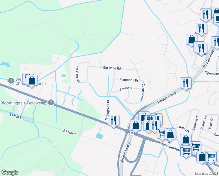 map of restaurants, bars, coffee shops, grocery stores, and more near 317 North Sangrena Drive in Pooler