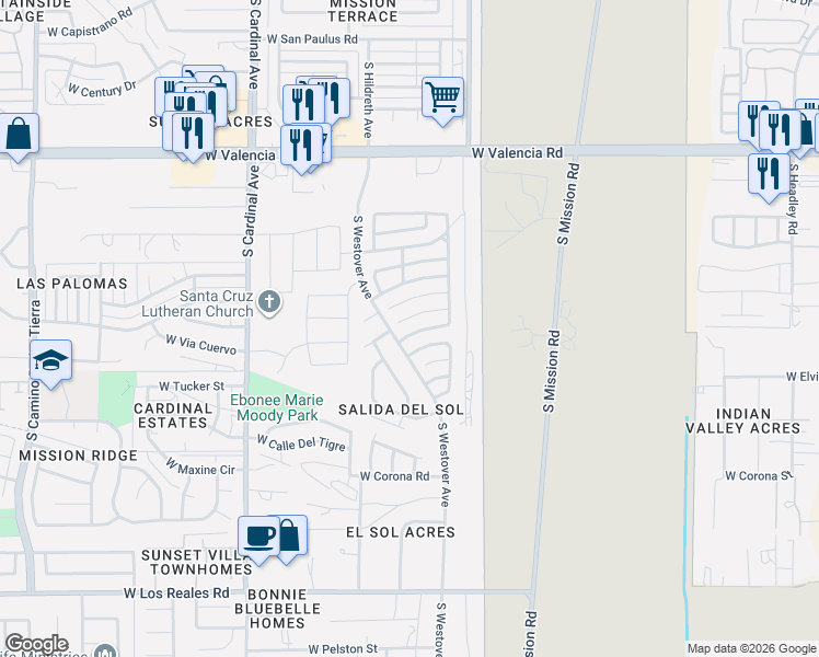 map of restaurants, bars, coffee shops, grocery stores, and more near 2542 West Vereda De La Manana in Tucson