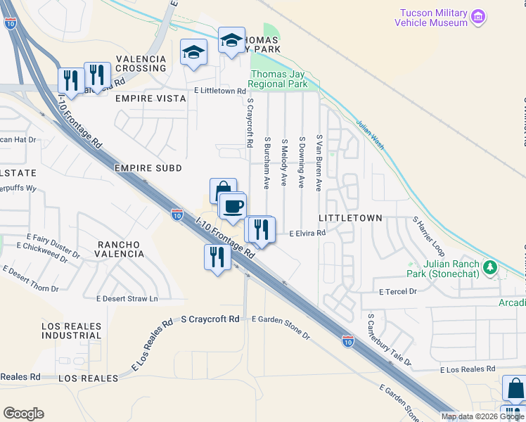 map of restaurants, bars, coffee shops, grocery stores, and more near 6802 South Burcham Avenue in Tucson