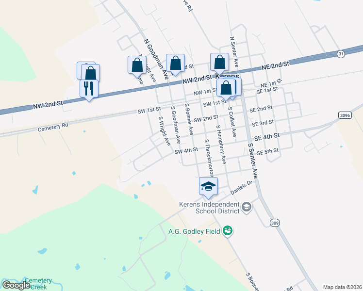 map of restaurants, bars, coffee shops, grocery stores, and more near 305 South Goodman Avenue in Kerens