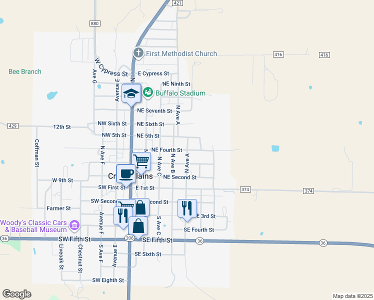 map of restaurants, bars, coffee shops, grocery stores, and more near North Avenue A & Northeast Fourth Street in Cross Plains