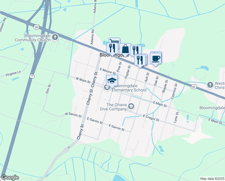 map of restaurants, bars, coffee shops, grocery stores, and more near 101 East Main Street in Bloomingdale