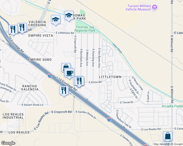 map of restaurants, bars, coffee shops, grocery stores, and more near 6809 South Melody Avenue in Tucson