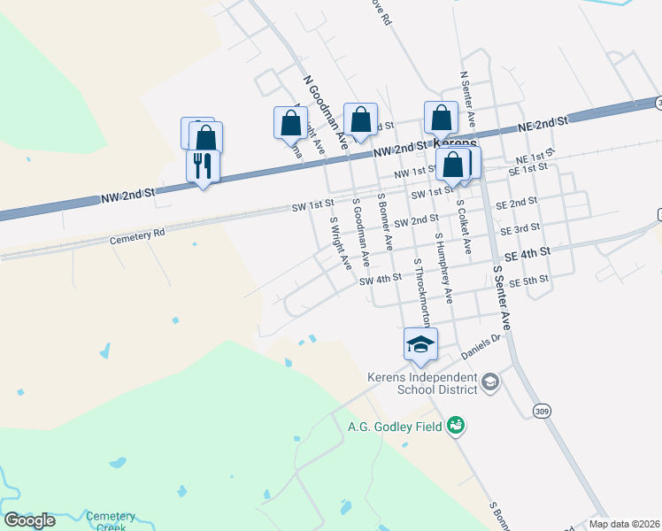 map of restaurants, bars, coffee shops, grocery stores, and more near 607 Southwest 2nd Street in Kerens