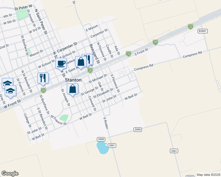 map of restaurants, bars, coffee shops, grocery stores, and more near 601 Saint Elizabeth Street in Stanton