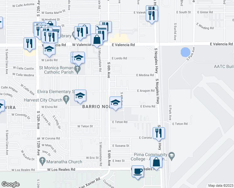 map of restaurants, bars, coffee shops, grocery stores, and more near 6807 South 5th Avenue in Tucson