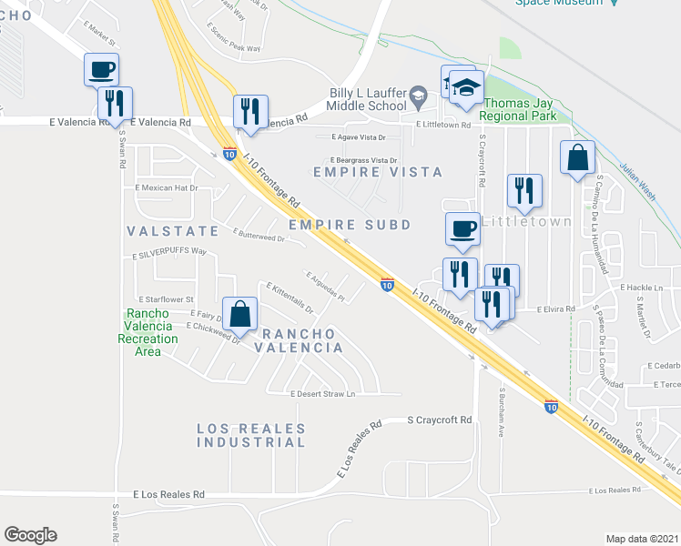 map of restaurants, bars, coffee shops, grocery stores, and more near 5225 East Fairy Duster Drive in Tucson