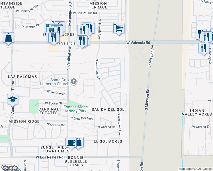 map of restaurants, bars, coffee shops, grocery stores, and more near 2600 West Vereda De La Manana in Tucson