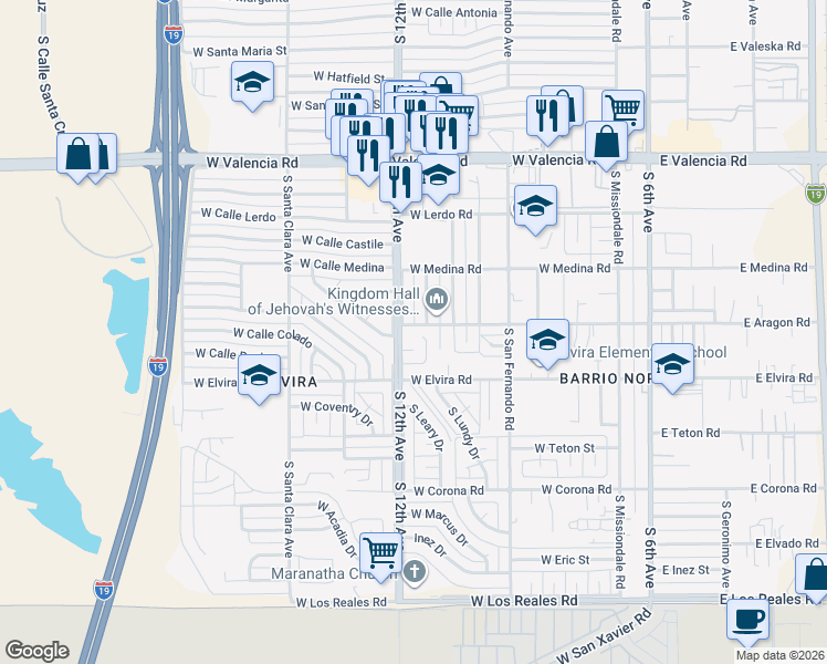 map of restaurants, bars, coffee shops, grocery stores, and more near 561 West Aragon Road in Tucson