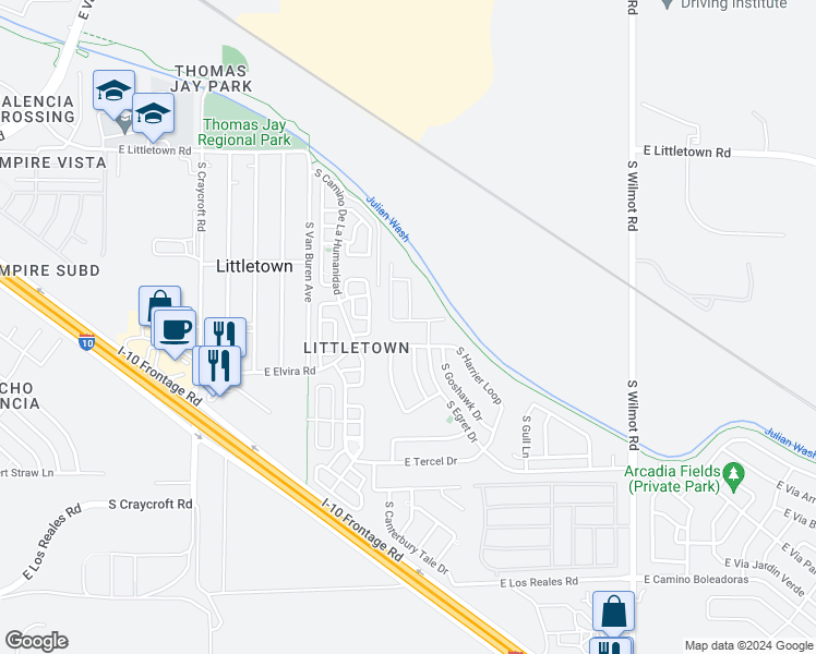 map of restaurants, bars, coffee shops, grocery stores, and more near 5882 East Sanderling Drive in Tucson
