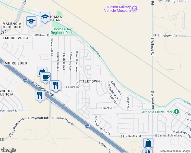 map of restaurants, bars, coffee shops, grocery stores, and more near 6813 South Avenida Del Abrazo in Tucson