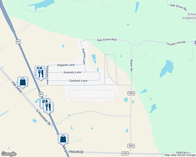 map of restaurants, bars, coffee shops, grocery stores, and more near 589 Zambezi Lane in Bullard