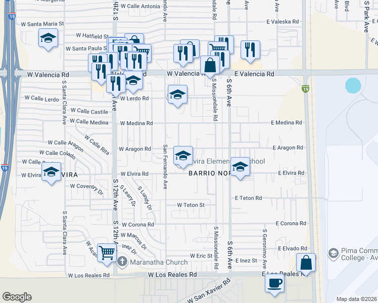 map of restaurants, bars, coffee shops, grocery stores, and more near 205 West Aragon Road in Tucson