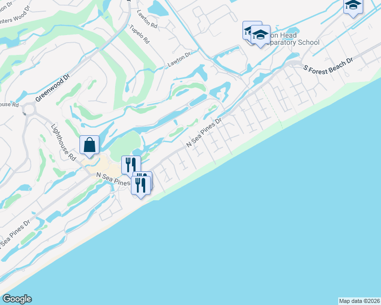 map of restaurants, bars, coffee shops, grocery stores, and more near 6 Laughing Gull Road in Hilton Head Island