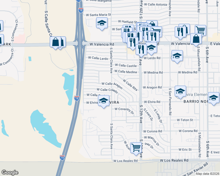 map of restaurants, bars, coffee shops, grocery stores, and more near 802 West Calle Colado in Tucson