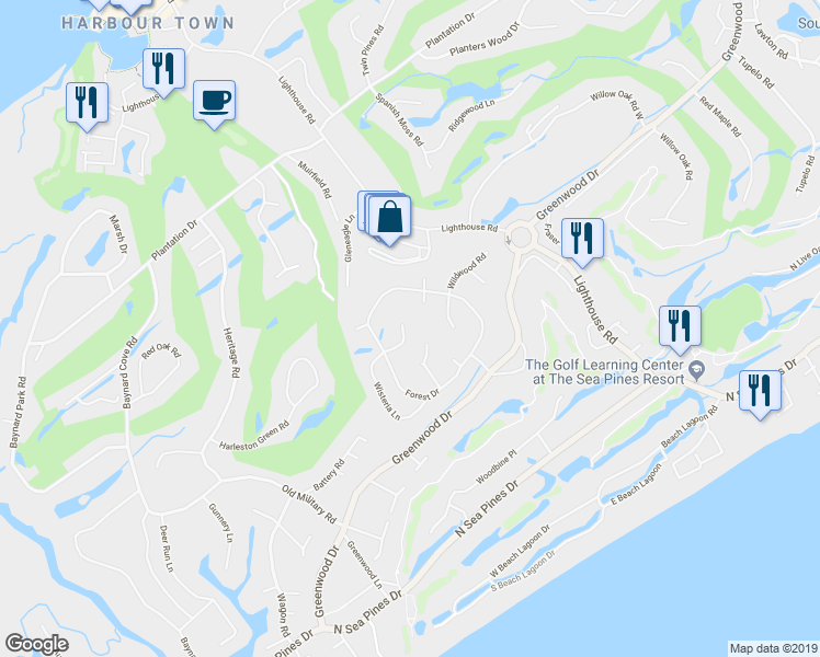 map of restaurants, bars, coffee shops, grocery stores, and more near 12 Columbine Lane in Hilton Head Island