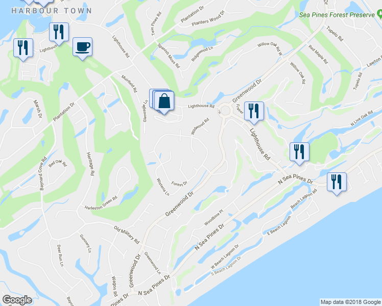 map of restaurants, bars, coffee shops, grocery stores, and more near 14 Dewberry Lane in Hilton Head Island