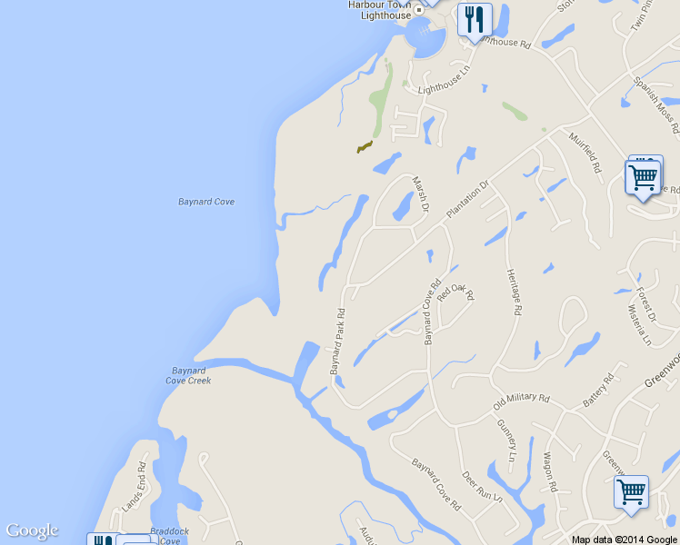 map of restaurants, bars, coffee shops, grocery stores, and more near 59 Baynard Park Road in Hilton Head Island