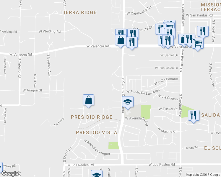 map of restaurants, bars, coffee shops, grocery stores, and more near 6802 South Paseo De Las Aguilas in Tucson