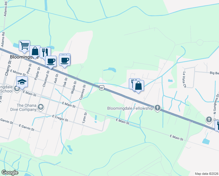 map of restaurants, bars, coffee shops, grocery stores, and more near 1004 U.S. 80 in Bloomingdale
