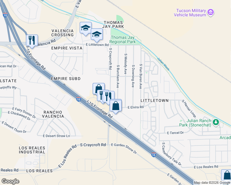 map of restaurants, bars, coffee shops, grocery stores, and more near 6802 South Burcham Avenue in Tucson