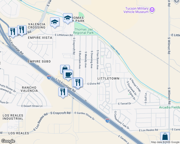 map of restaurants, bars, coffee shops, grocery stores, and more near 6809 South Melody Avenue in Tucson