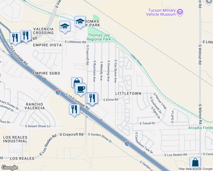 map of restaurants, bars, coffee shops, grocery stores, and more near 6809 South Melody Avenue in Tucson