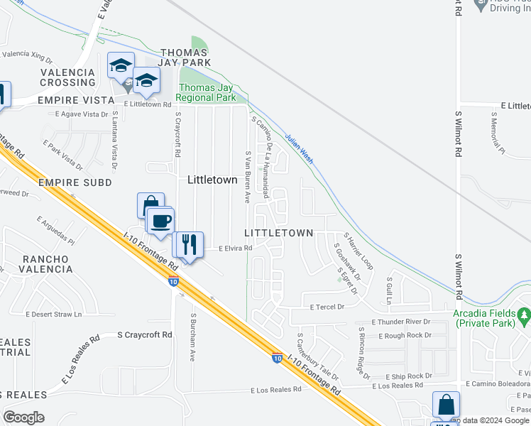 map of restaurants, bars, coffee shops, grocery stores, and more near 5745 East Camino De La Honra in Tucson