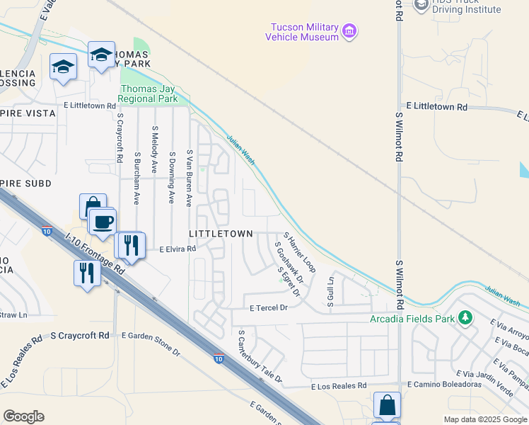 map of restaurants, bars, coffee shops, grocery stores, and more near 6811 South Aquiline Drive in Tucson