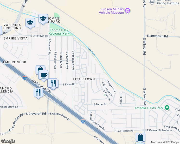 map of restaurants, bars, coffee shops, grocery stores, and more near 6808 South Parliament Drive in Tucson