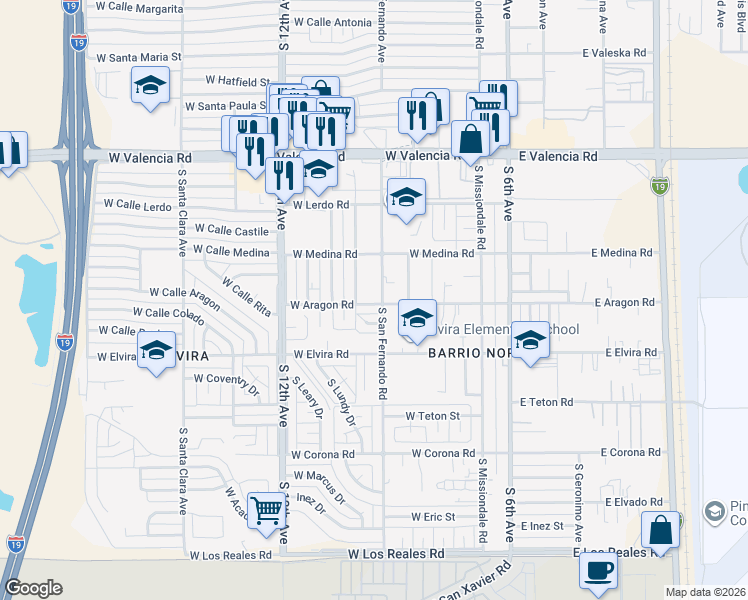 map of restaurants, bars, coffee shops, grocery stores, and more near 6755 San Fernando Avenue in Tucson