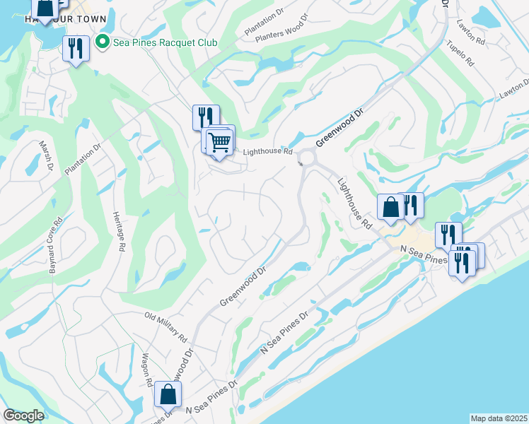 map of restaurants, bars, coffee shops, grocery stores, and more near 14 Dewberry Lane in Hilton Head Island