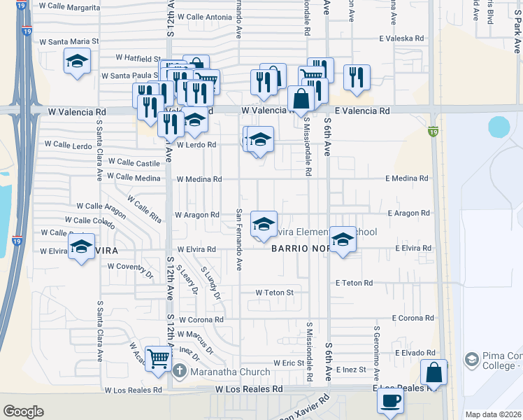 map of restaurants, bars, coffee shops, grocery stores, and more near 205 West Aragon Road in Tucson