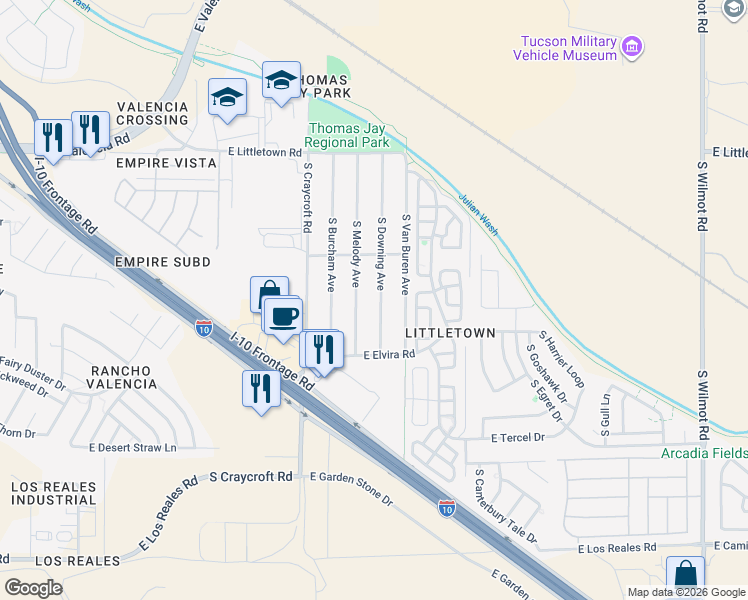 map of restaurants, bars, coffee shops, grocery stores, and more near 6809 South Melody Avenue in Tucson