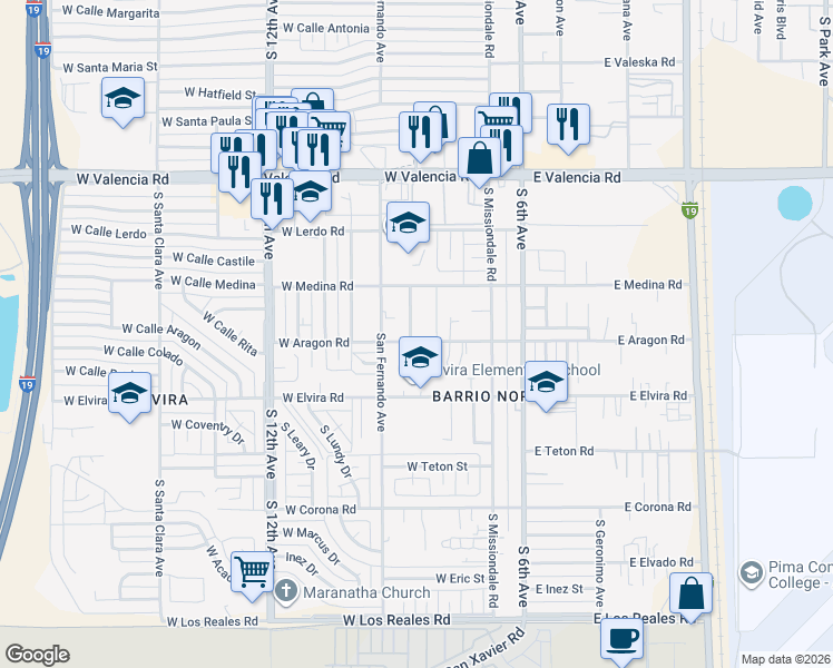 map of restaurants, bars, coffee shops, grocery stores, and more near 205 West Aragon Road in Tucson