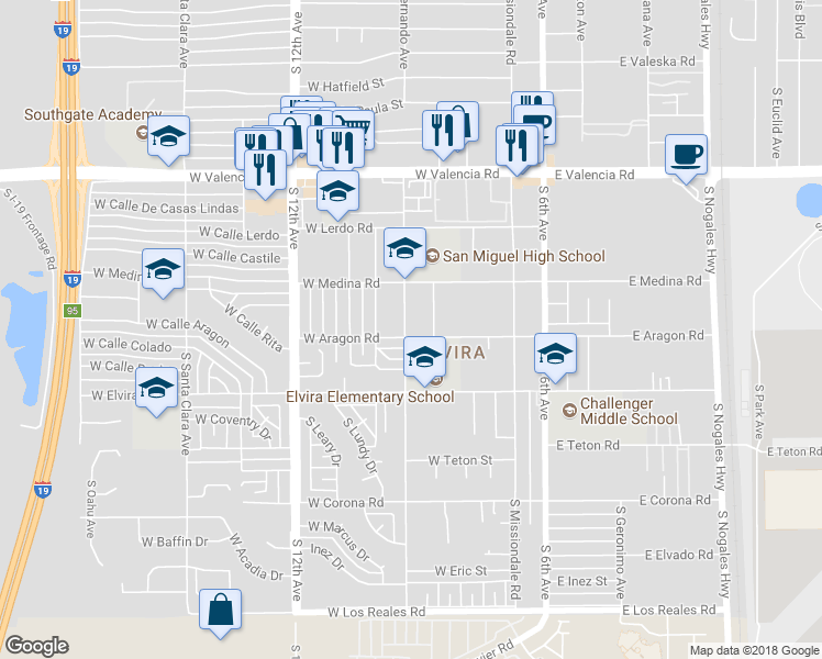 map of restaurants, bars, coffee shops, grocery stores, and more near 6755 San Fernando Avenue in Tucson