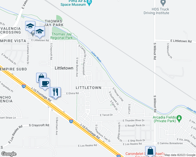 map of restaurants, bars, coffee shops, grocery stores, and more near 6797 South Parliament Drive in Tucson