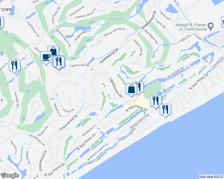 map of restaurants, bars, coffee shops, grocery stores, and more near 15 Lighthouse Road in Hilton Head Island