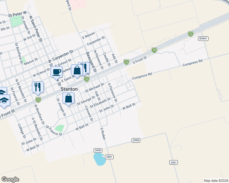 map of restaurants, bars, coffee shops, grocery stores, and more near 601-603 Saint Elizabeth Street in Stanton