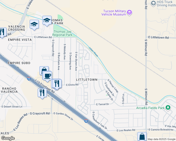 map of restaurants, bars, coffee shops, grocery stores, and more near 6790 South Avenida Del Abrazo in Tucson