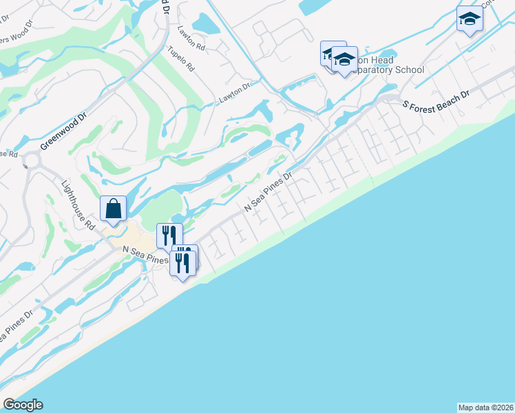 map of restaurants, bars, coffee shops, grocery stores, and more near 6 Laughing Gull Road in Hilton Head Island