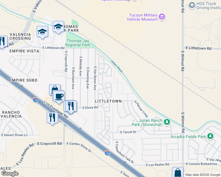 map of restaurants, bars, coffee shops, grocery stores, and more near 6784 South Avenida Del Abrazo in Tucson