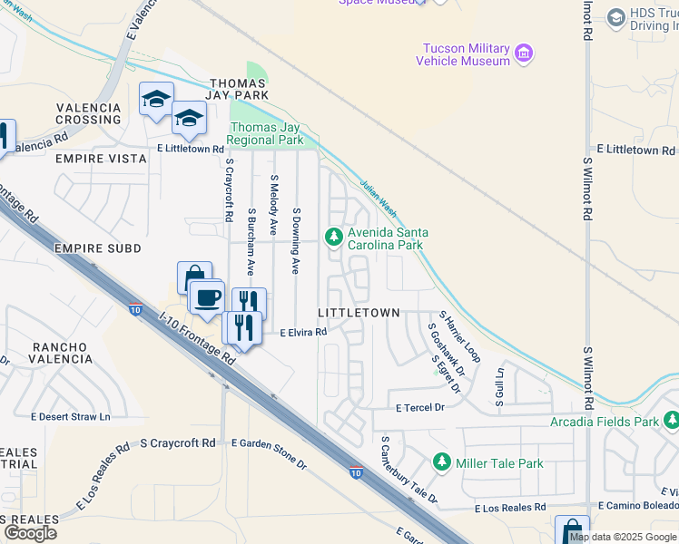 map of restaurants, bars, coffee shops, grocery stores, and more near 6809 South Camino De Azar in Tucson