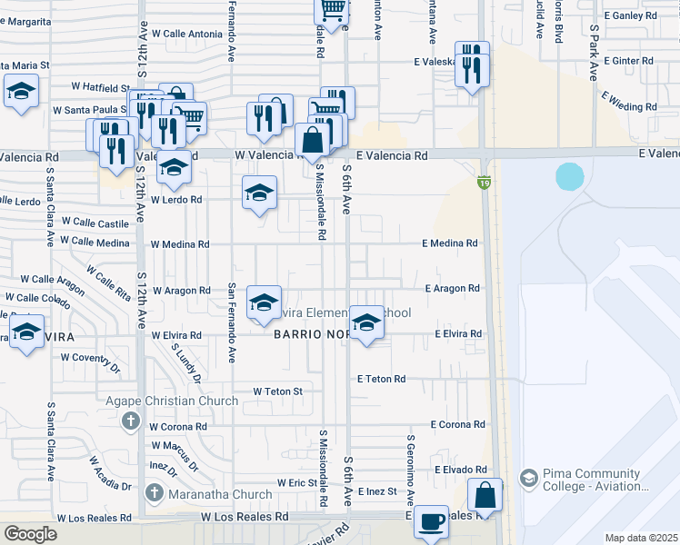 map of restaurants, bars, coffee shops, grocery stores, and more near 6748 South 6th Avenue in Tucson